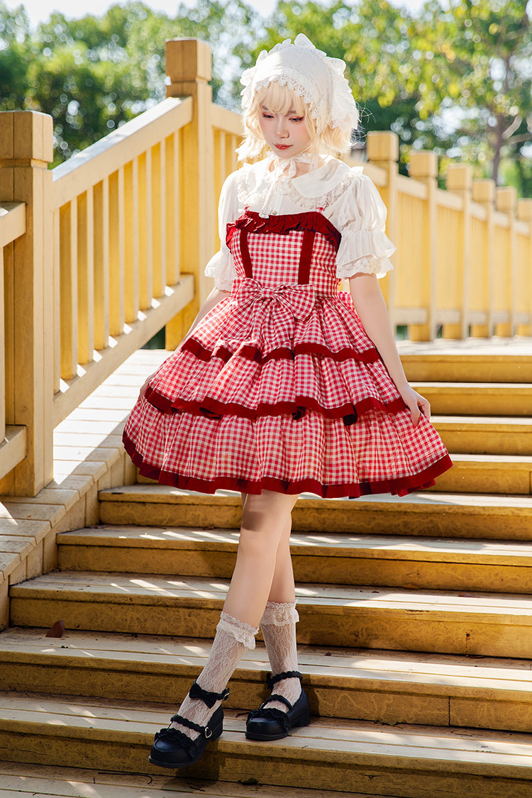 Red Cloth Cat Triple-Layered Plaid Print Ruffle Bowknot Sweet Lolita Dress