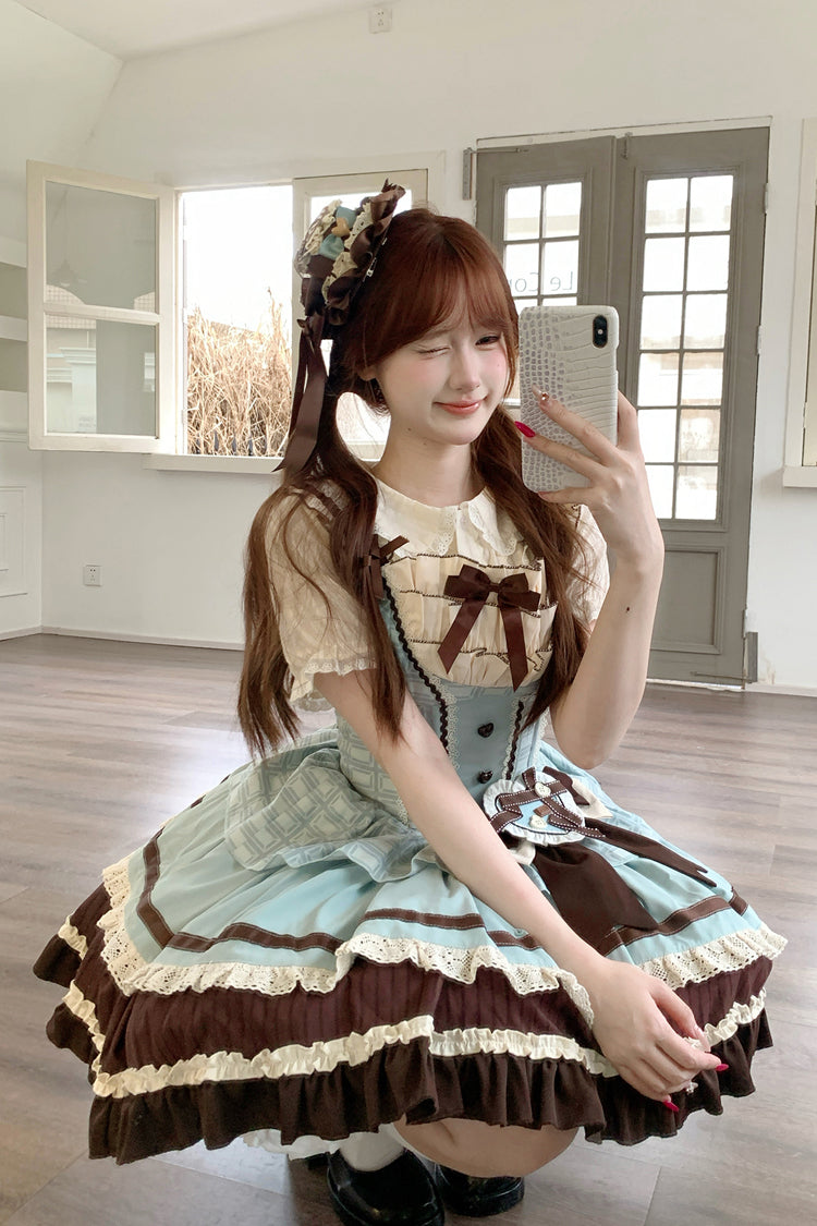 Green/Brown Mint Chocolate Sleeveless Triple-Layered Ruffle Bowknot Sweet Lolita Jsk Dress