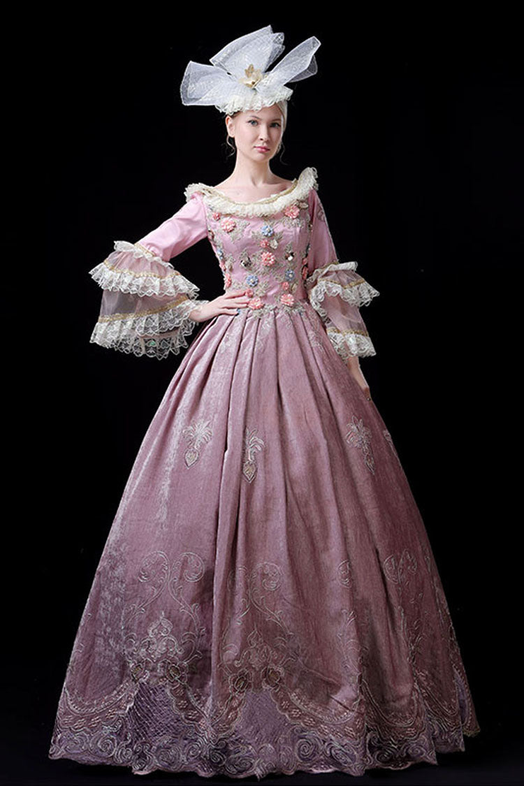 Pink Multi-Layer Trumpet Sleeves High Waisted Three Dimensional Flower Hollow Embroidery Print Victorian Lolita Prom Dress