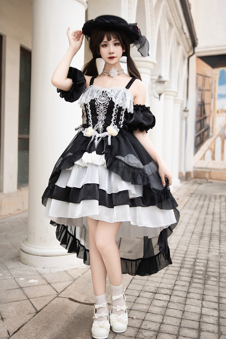 Black/White Rose Of The Night Sea And Starry Sky Off Shoulder Multi-Layered Ruffle Embroidery Sweet Lolita Dress
