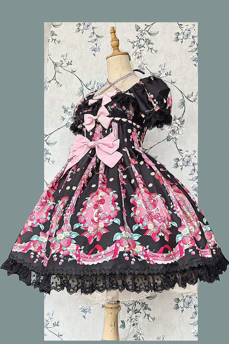 Strawberry Chef Short Sleeves Print Bowknot Lace Sweet Lolita Dress 4 Colors