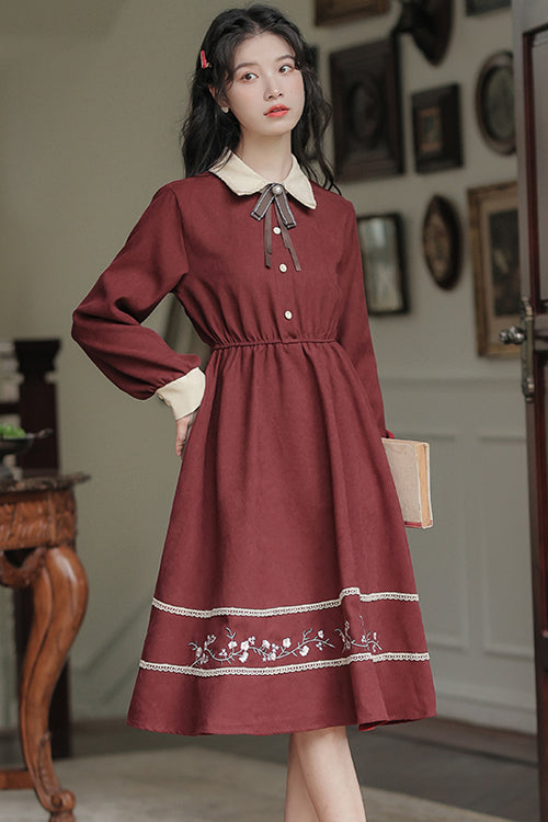 Red Vintage Lapel Collar Long Sleeves Hem Flower Embroidered High Waisted Sweet Lolita Dress