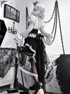 Goth Lolita Asymmetric Hem Dress with Layer Lace Corset Accents Skirt