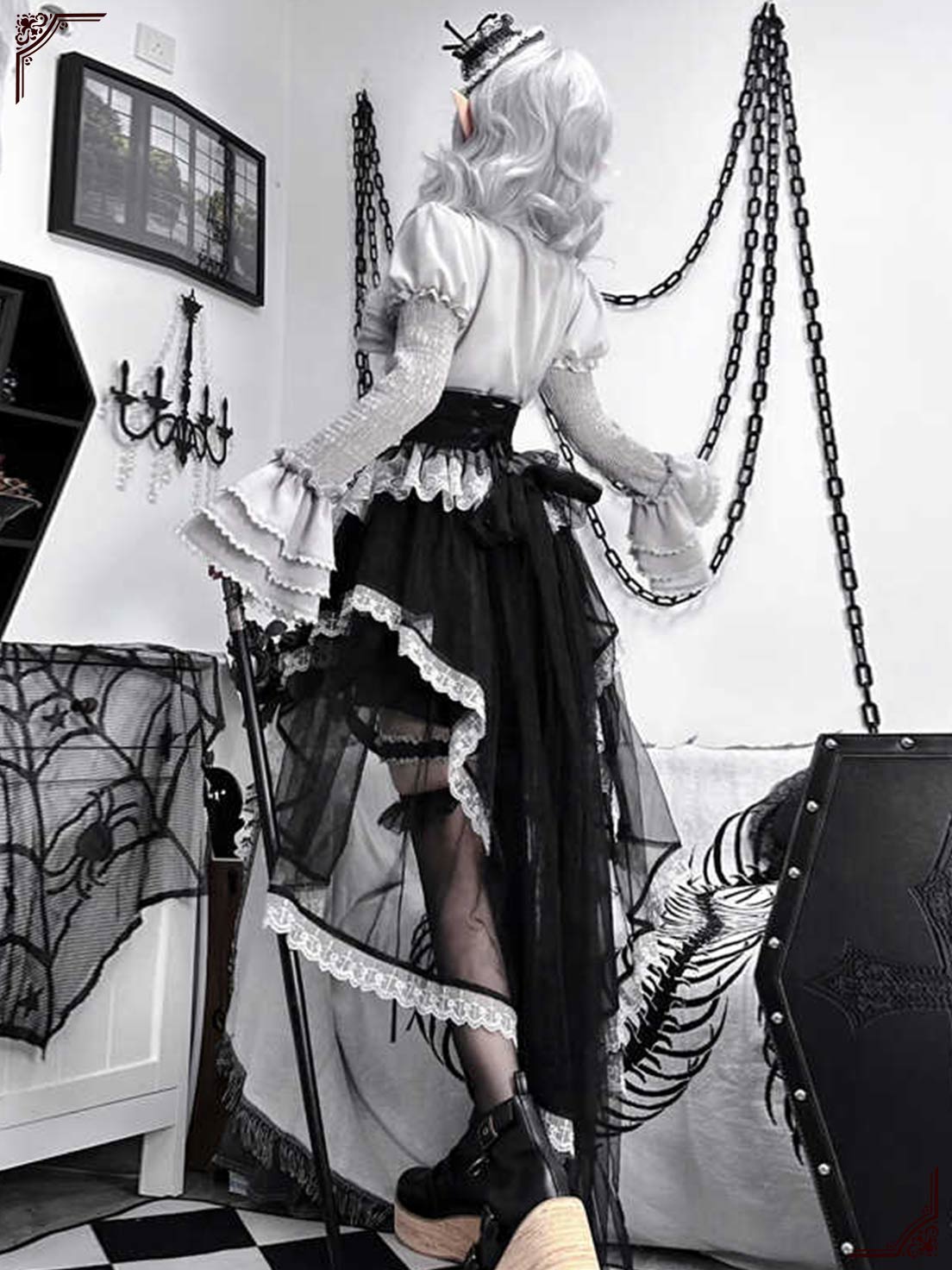 Goth Lolita Asymmetric Hem Dress with Layer Lace Corset Accents Skirt