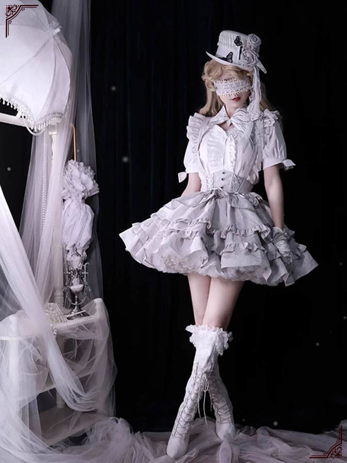 Goth Lolita Cos Silver Flower Shirt Skirt Set Fishbone Fluffy Princess Dress