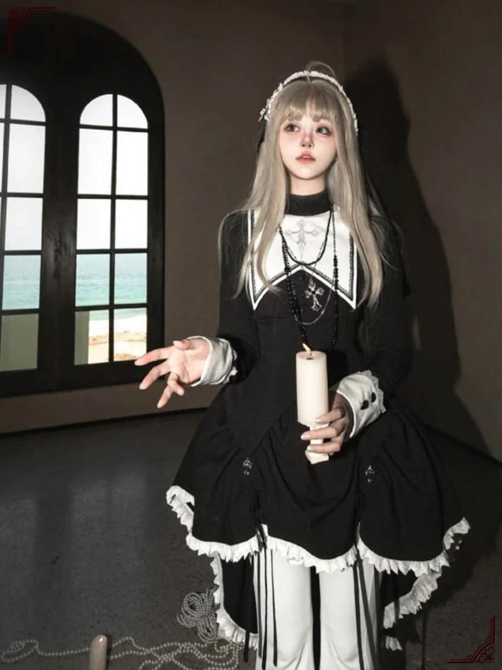 Goth Lolita Dark Black Printed Cross Tail Two-piece Set Dress for Halloween