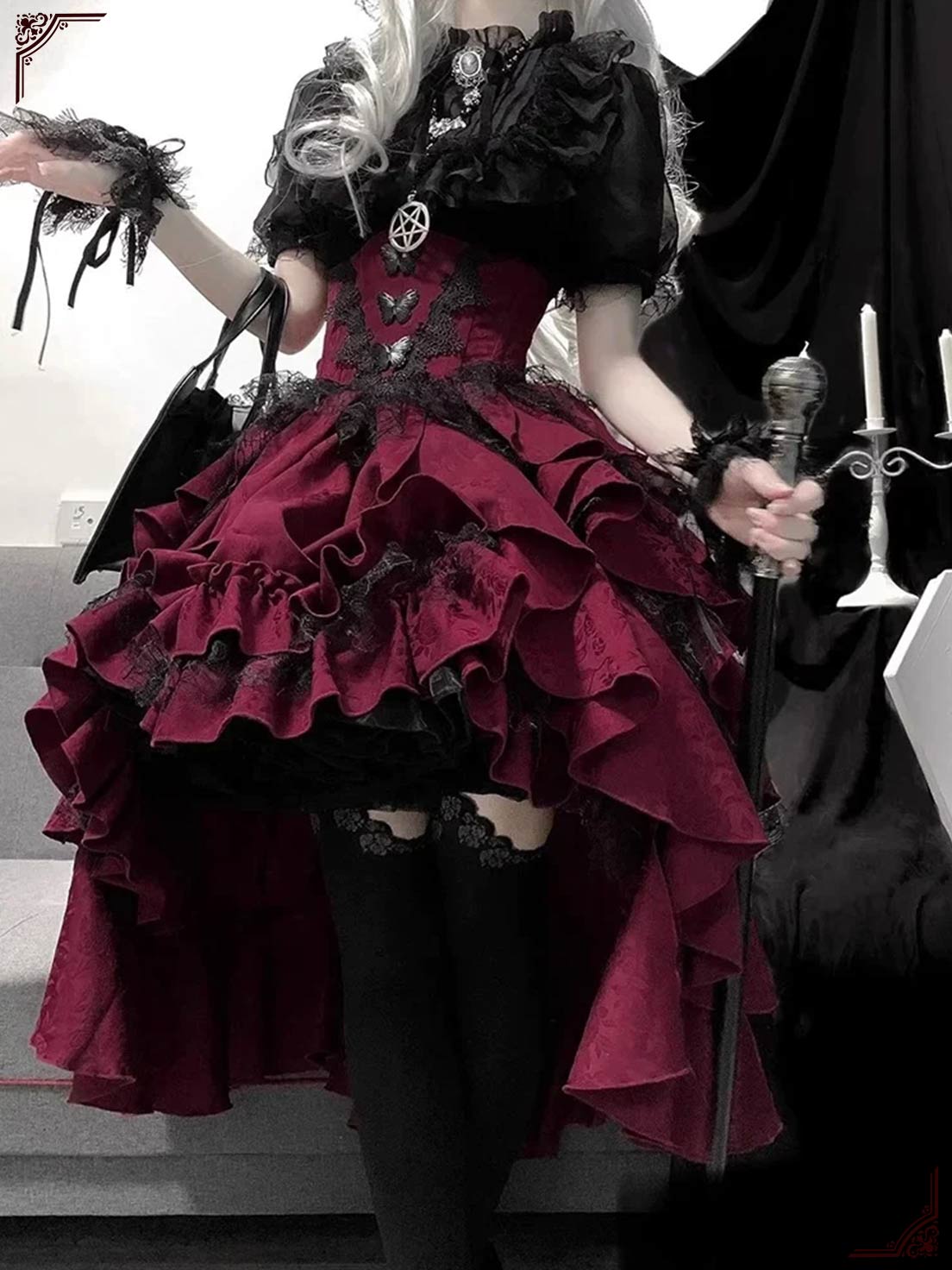 Goth Lolita Prom Dress Outfit Black Red Ruffles Skirt Lace for Halloween Valentine's Day