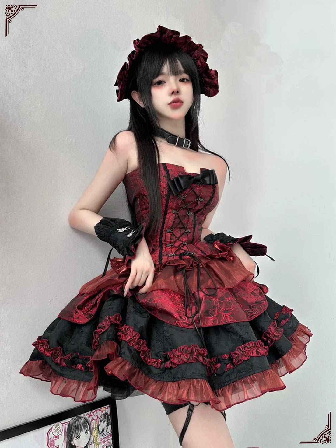 Goth Lolita Red Ballet Dress Jacquard Fishbone Bra Multi-layer Lace Ruffle Strap Skirt