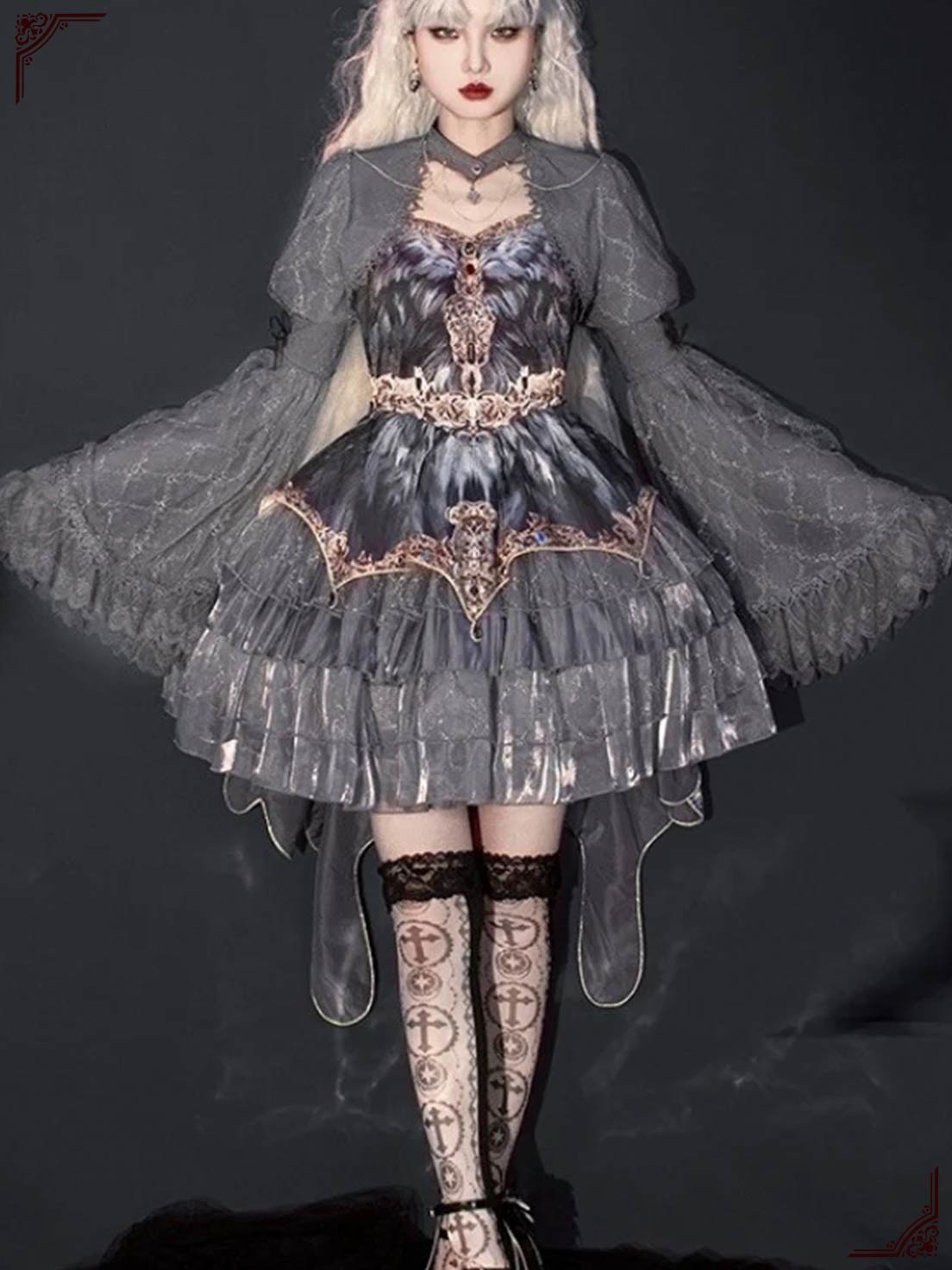 Goth Lolita Suspender Swan Dance Grey Feather Outfits Multilayer Cake Dress