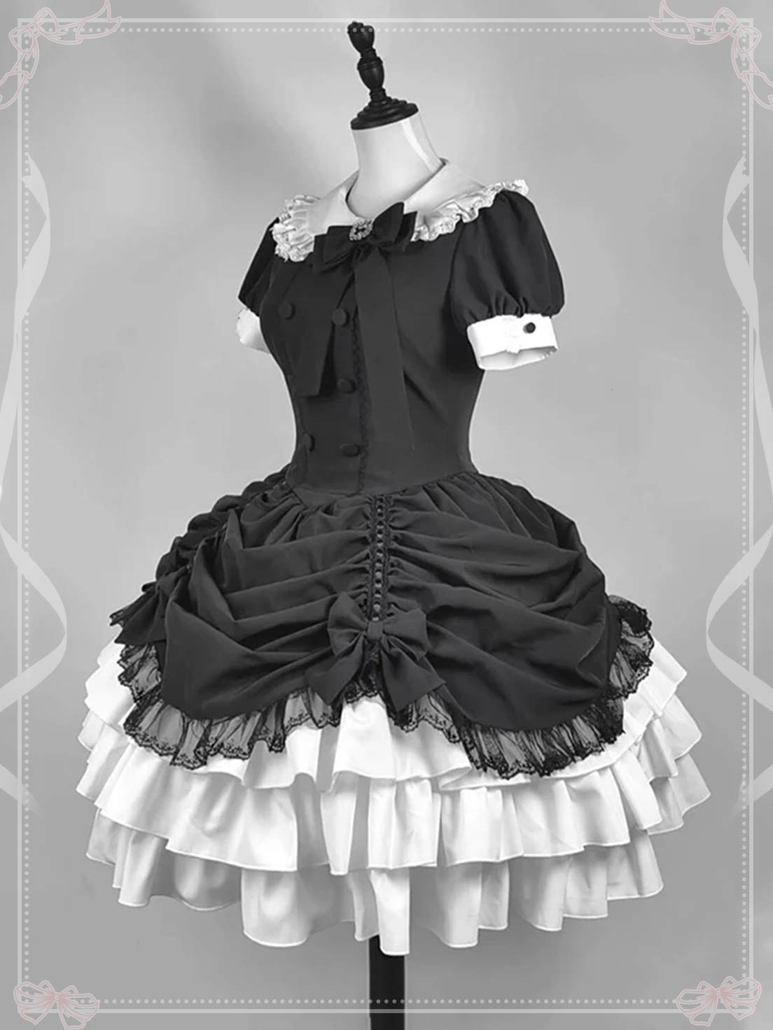 Gothic Dark Doll Gothic Lolita Black White Ruffled Maid Outfit Style Dress