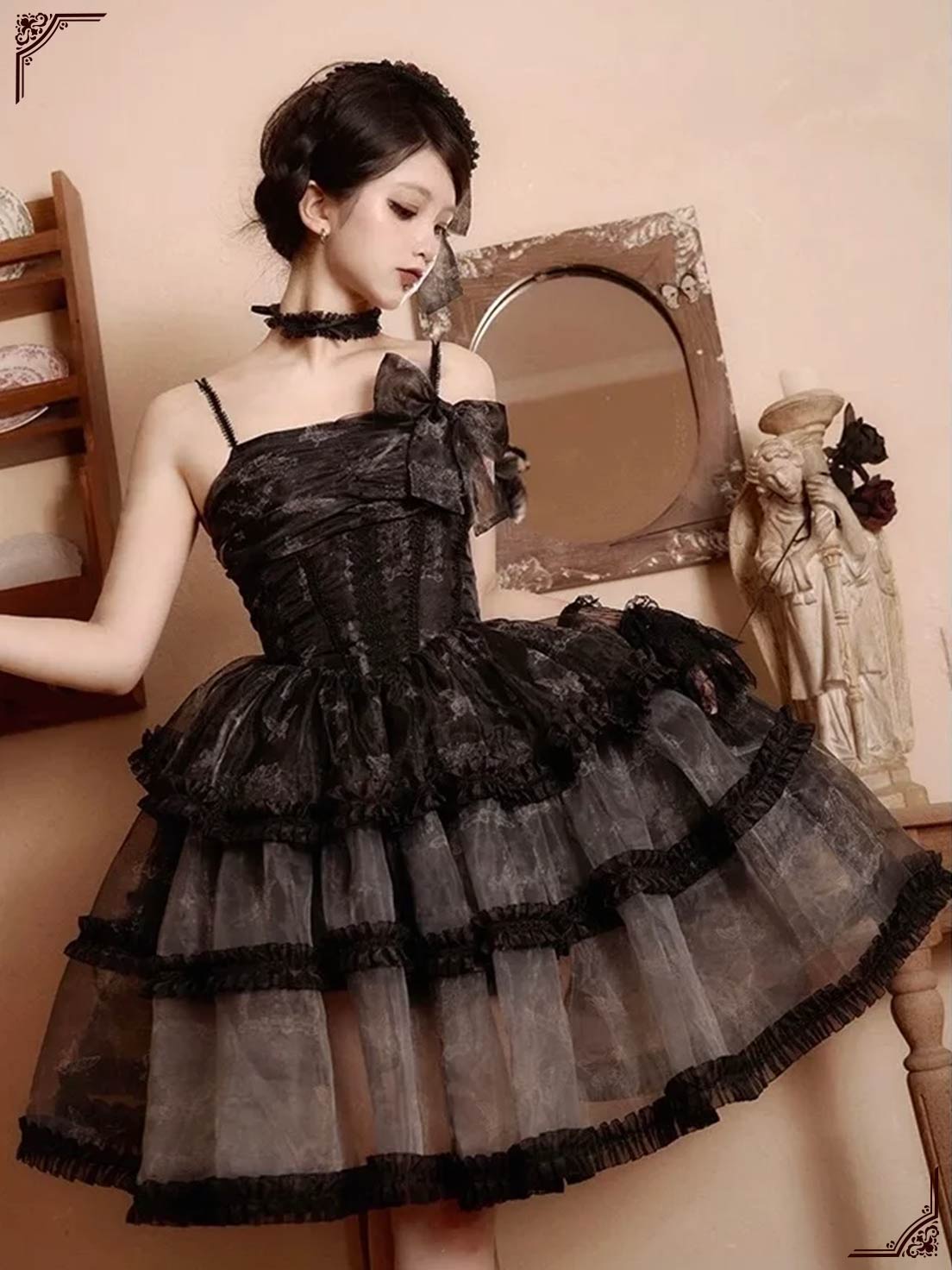 Gothic Lolita Ball Gown Black Prom Dress Pattern Organza Strap JSK