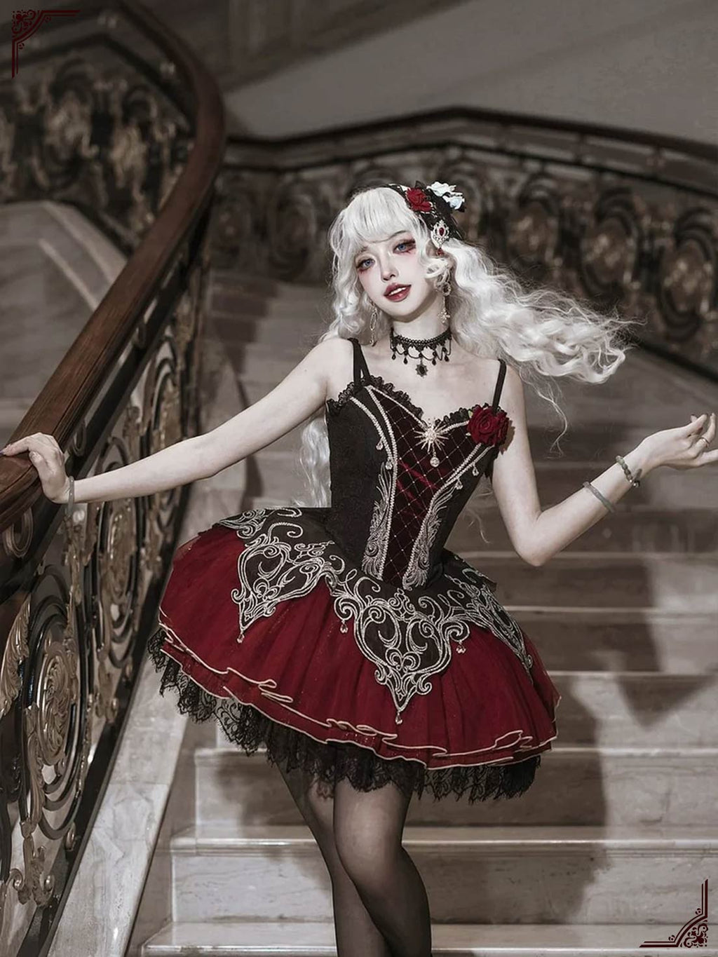 Victorian Gothic Lolita JSK Black and Red Velvet Mini Dress