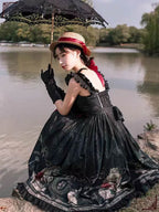 Gothic Lolita Black Printed Nightingale and Rose Suspender Dress with Bow