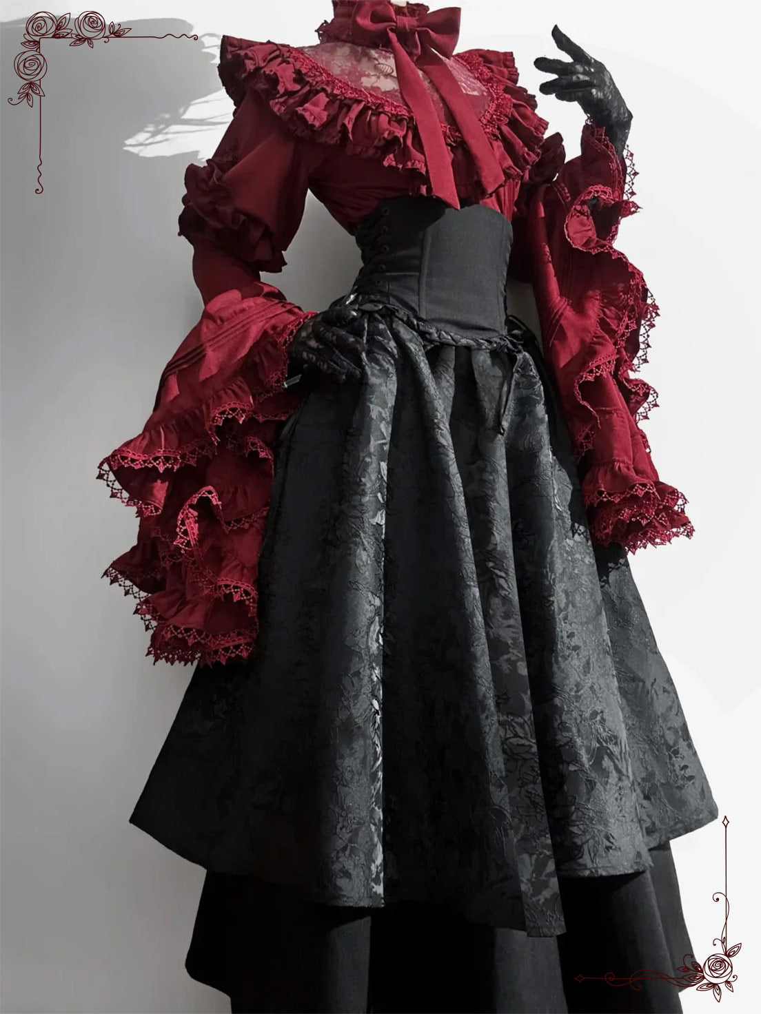 Gothic Lolita Christmas Clothing Black and Red Goth Long Dress Shirt Sleeve Skirt OP