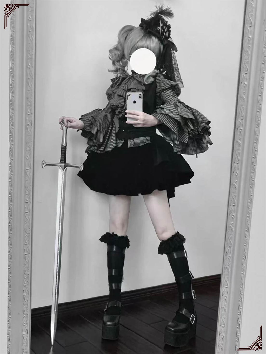 Gothic Lolita Dress Black Set Stripe Ruffled Top with Short Skirt