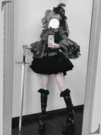 Gothic Lolita Dress Black Set Stripe Ruffled Top with Short Skirt