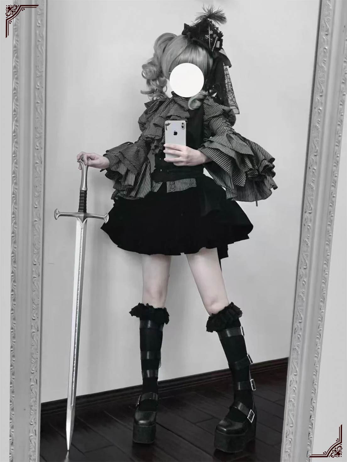 Gothic Lolita Dress Black Set Stripe Ruffled Top with Short Skirt