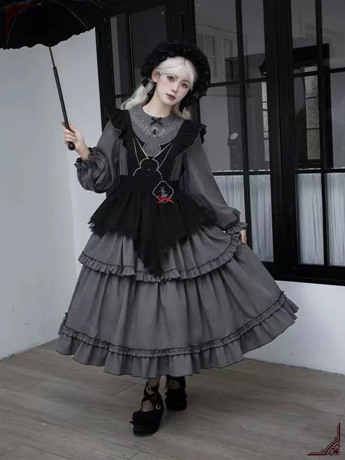 Victorian Gothic Dress – Grey & Black Palette long lolita dress