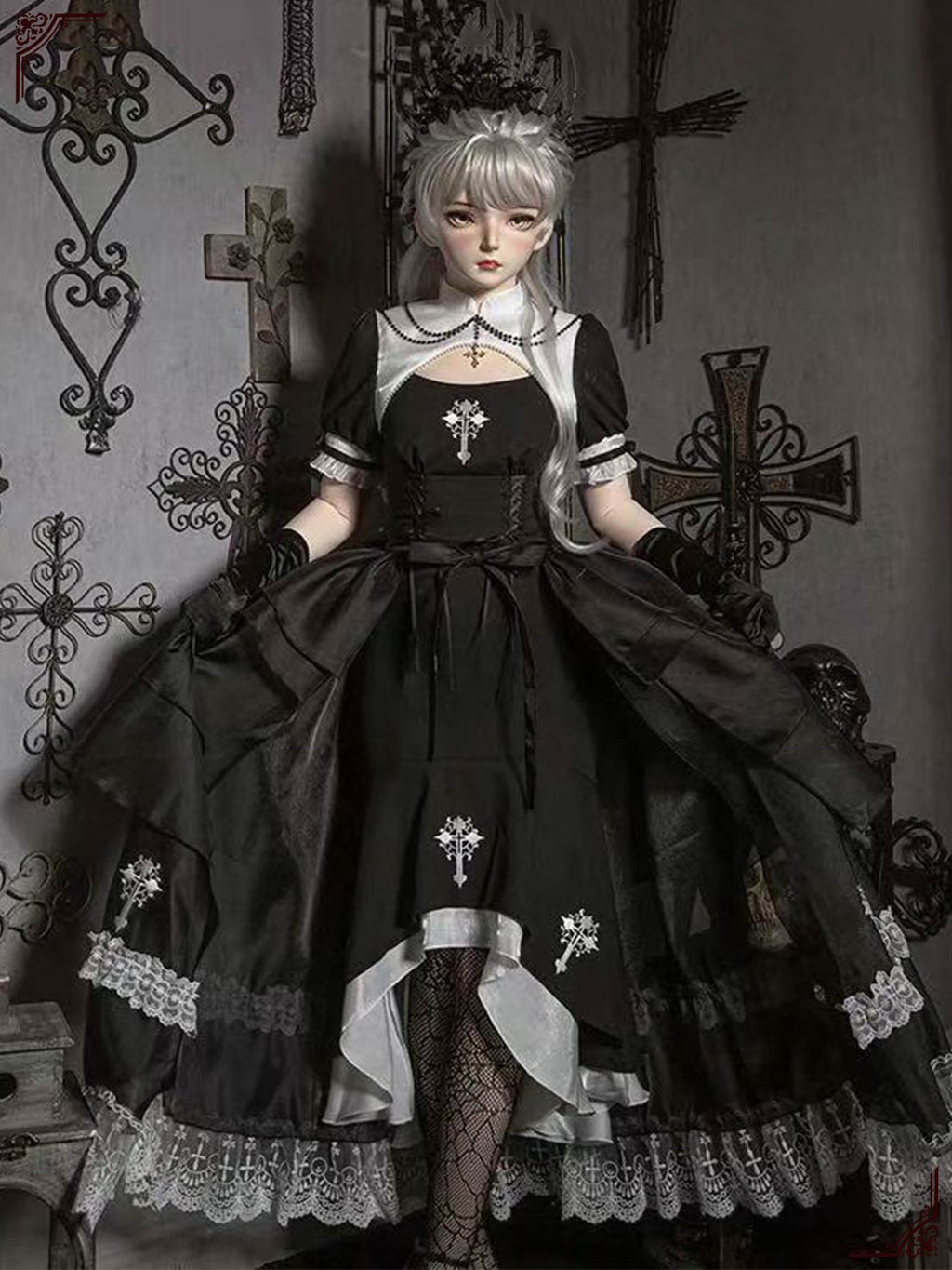 Gothic victorian lolita dress Black and White Nun-style Maxi Dress