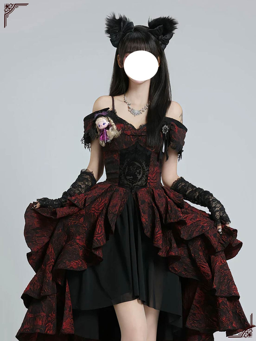Prom Gothic Lolita Black and Red Jacquard Rose Pattern Bow Fluffy Princess Drress