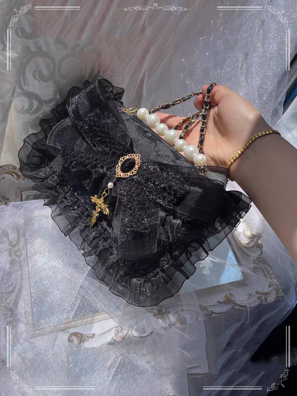 Handmade Gothic Dark Black Lolita Bag Elegant Lace One Shoulder Handheld Crossbody Lolita Bag