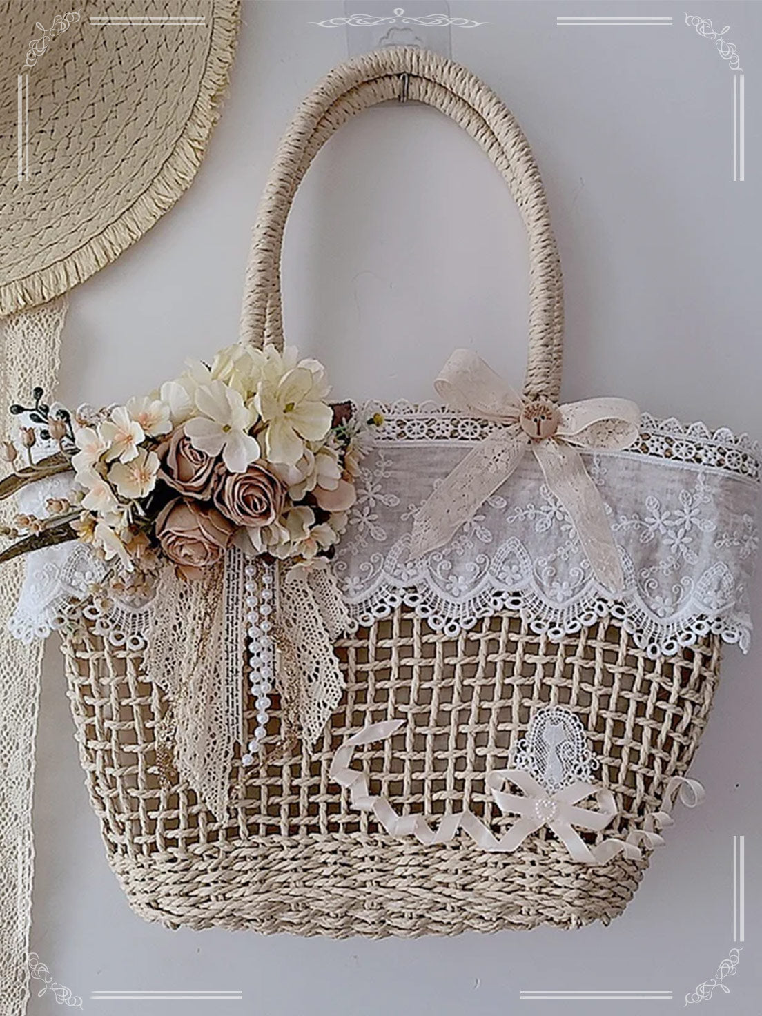 Handmade Hollow Lace Vintage Rose Flowers Straw Bag Summer Handbag Lolita Pastoral