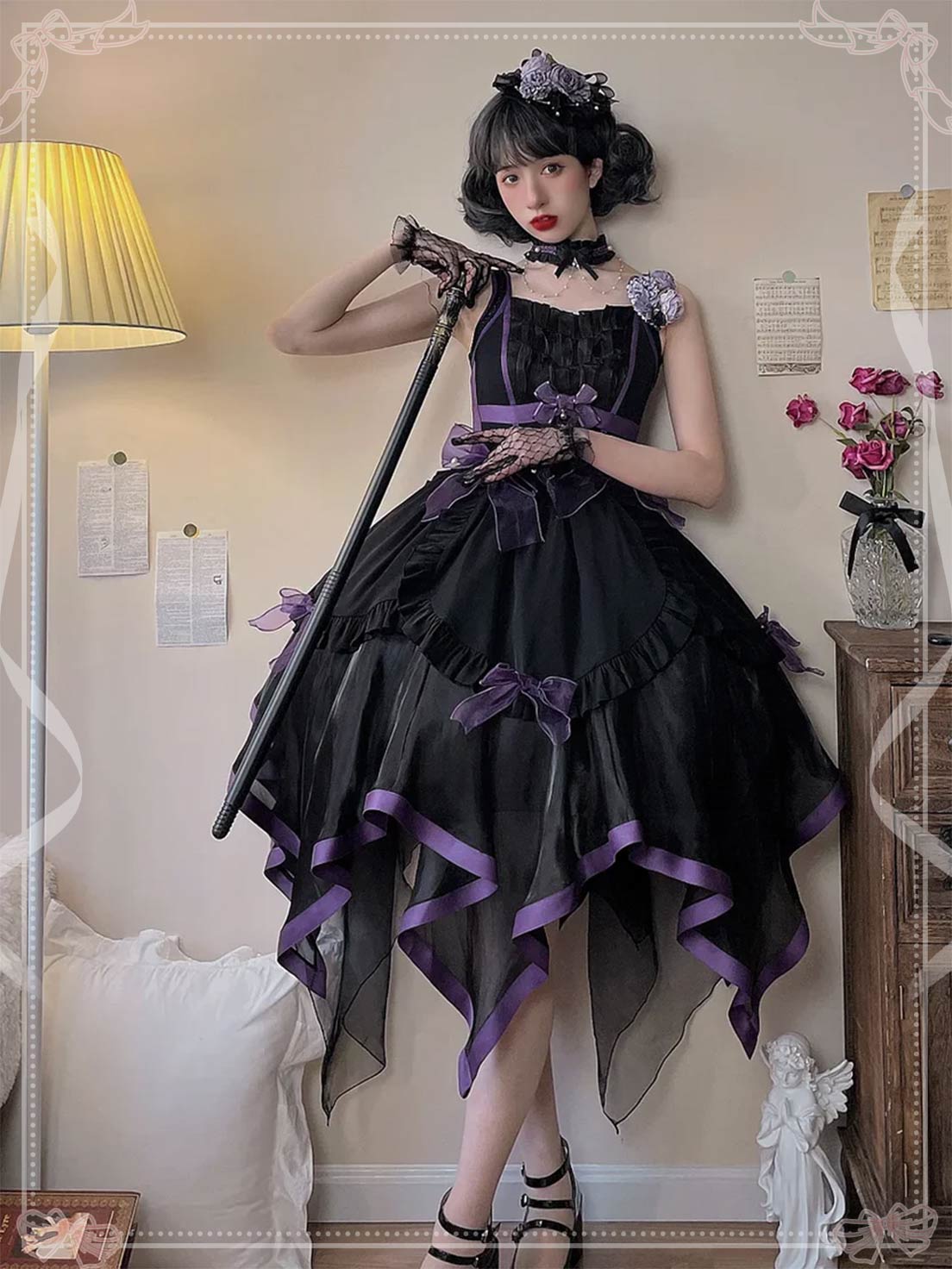 Hime Lolita Black Prom Lace Dress Elegant JSK with Bow for Party