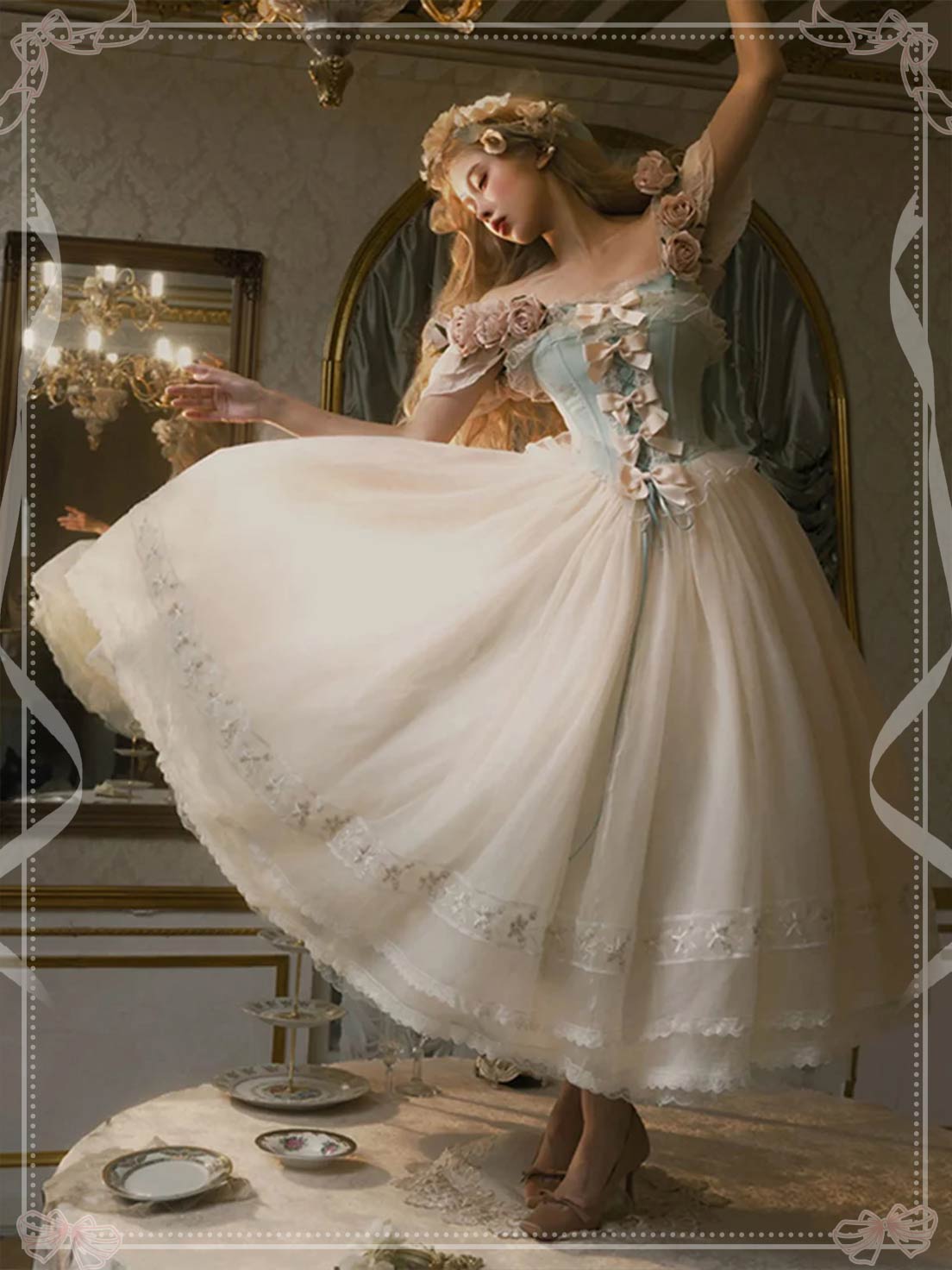 Hime Lolita Tea Party Fashion Off Apricot Shoulder Floral Ball Gown