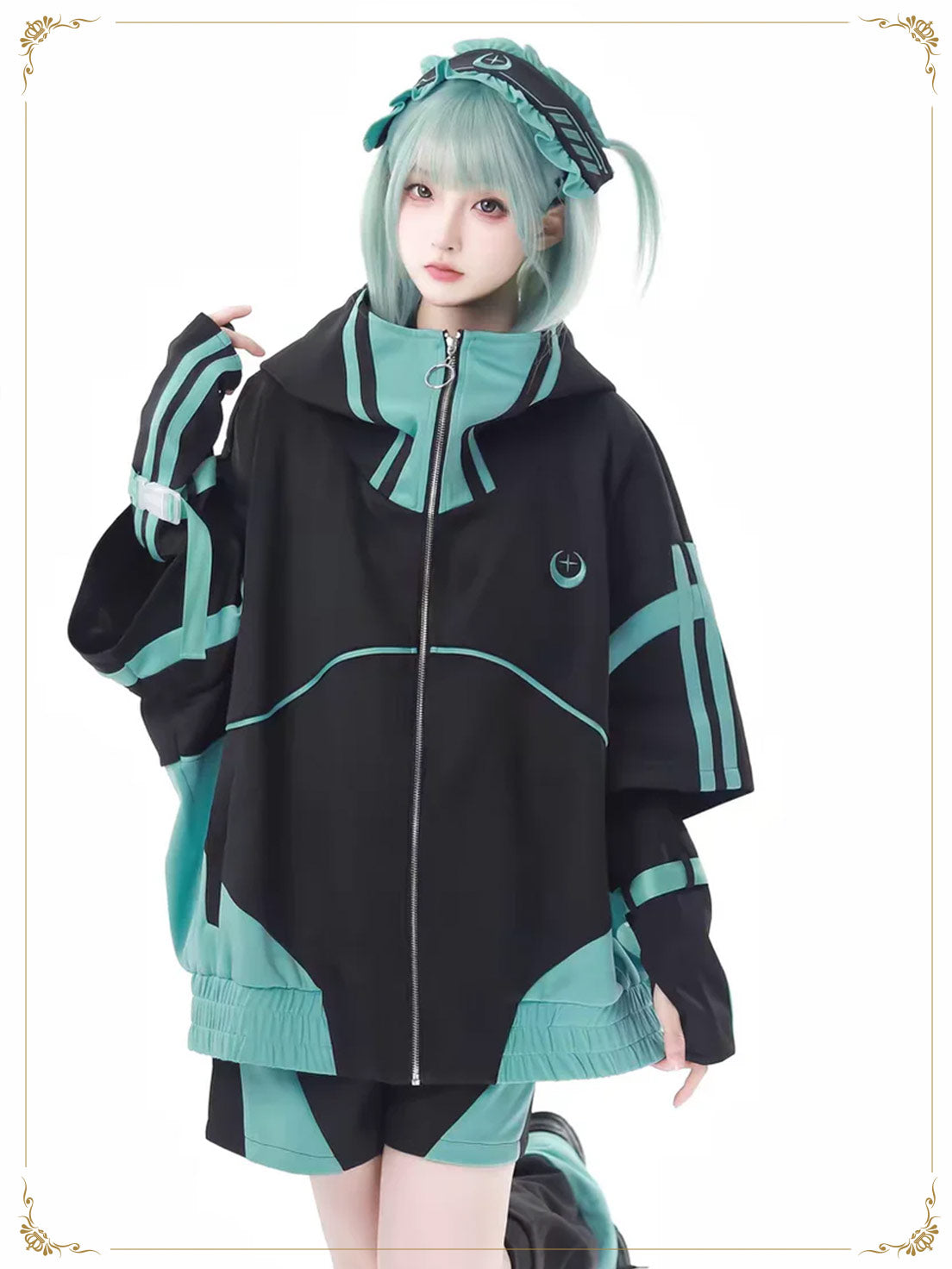 Jirai Kei Fashion Cyberpunk Techwear Set Orange Black Teal Black Futuristic Hoodie Oversized Sleeve Streetwear Edgy Outfit