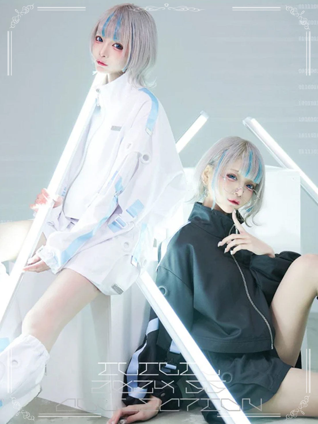 Jirai Kei Fashion Cyberpunk Techwear Set White Black Futuristic Shorts Jacket Oversized Sleeve Harajuku Streetwear Edgy Daily Outfit