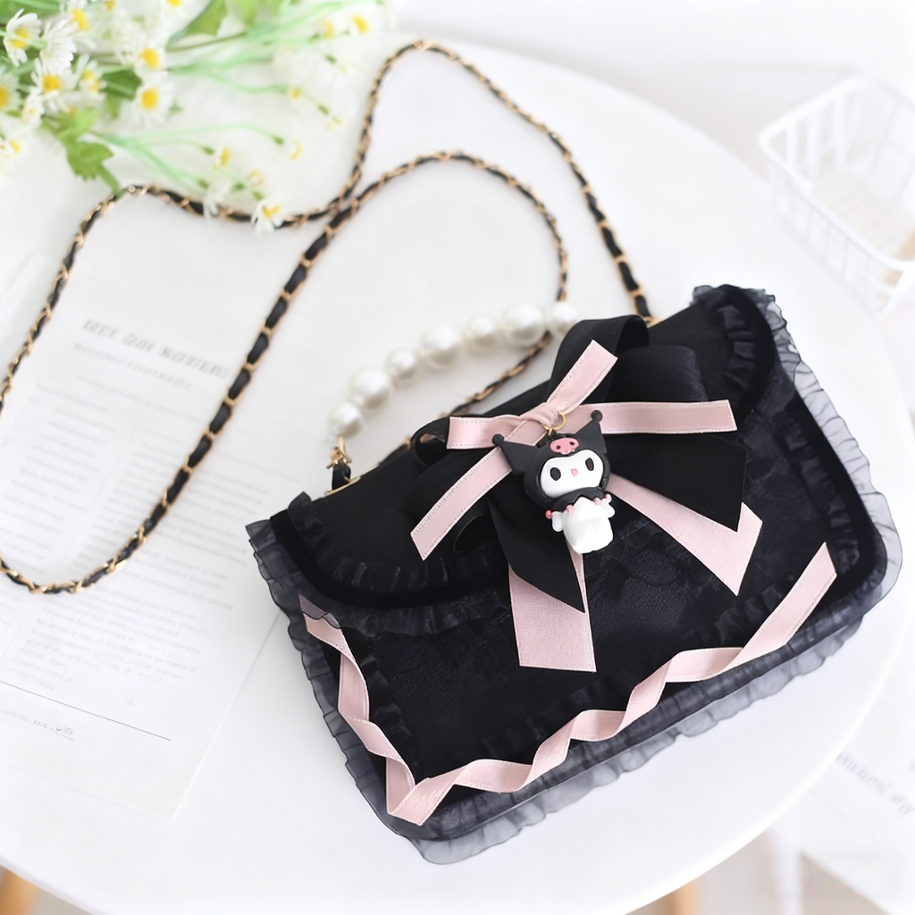 Lolita Bag Gothic Kuromi Lace Mini Square Crossbody with Luxe Pearl Handle and Ribbon Accents