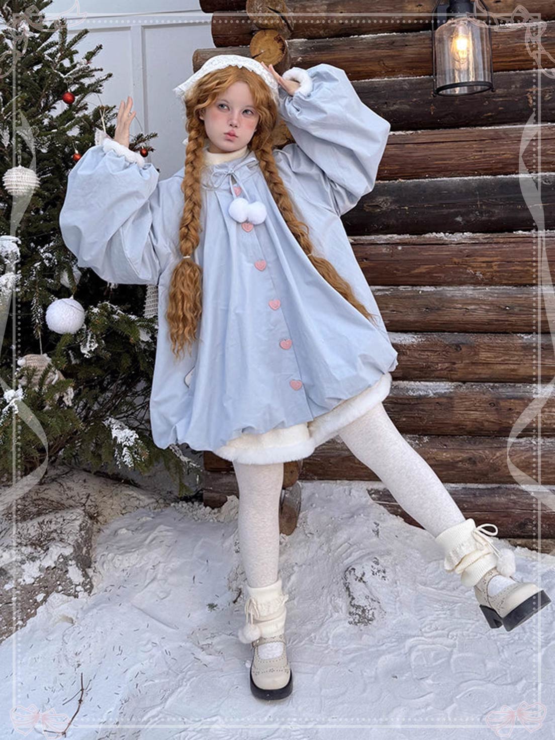 Lolita Coat Cream Blue Hooded Winter Plush Loose Cape Jacket for Winter