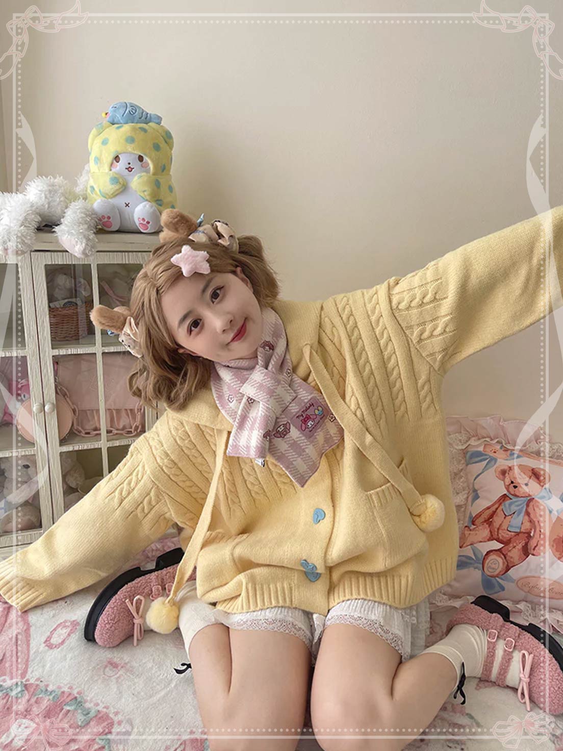 Lolita Coat Multicolor Hooded Knit Cardigan Cute Lazy Style Open Front Sweater