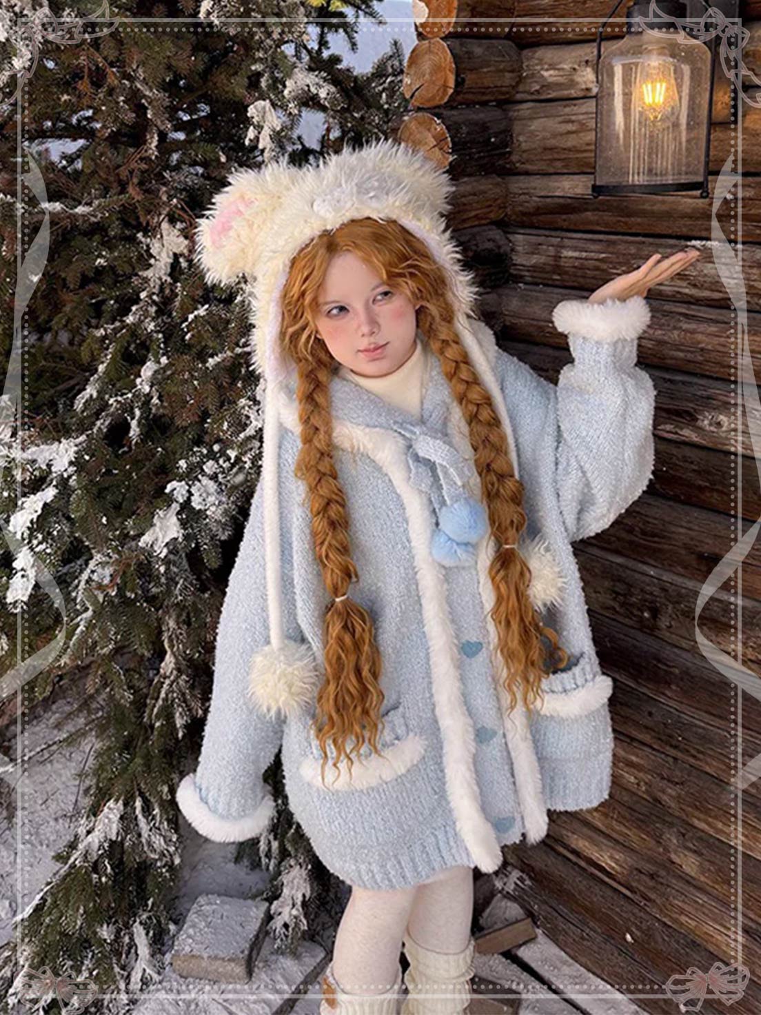 Lolita Coats Labeau Blue White Pom Pom Sweetheart Hooded Cardigan Winter Loose Thick Coat