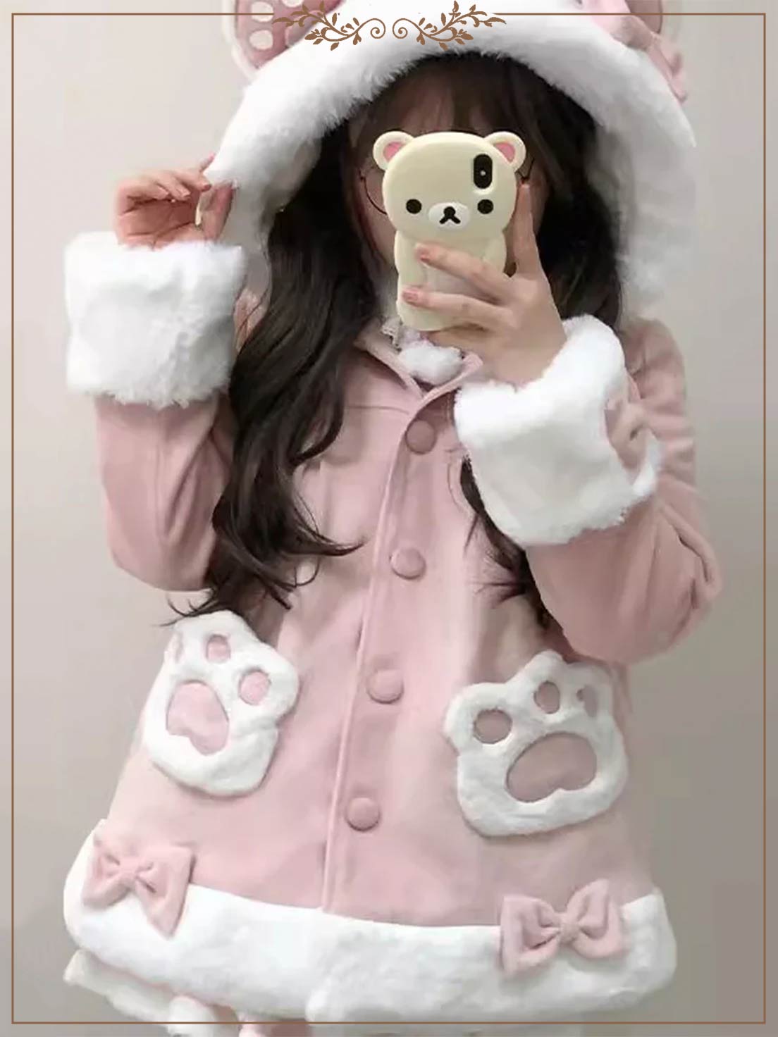 Lolita Coats Print Cat Ear Hooded Long Sleeve Bow Sweet Casual Coat 3 Colors