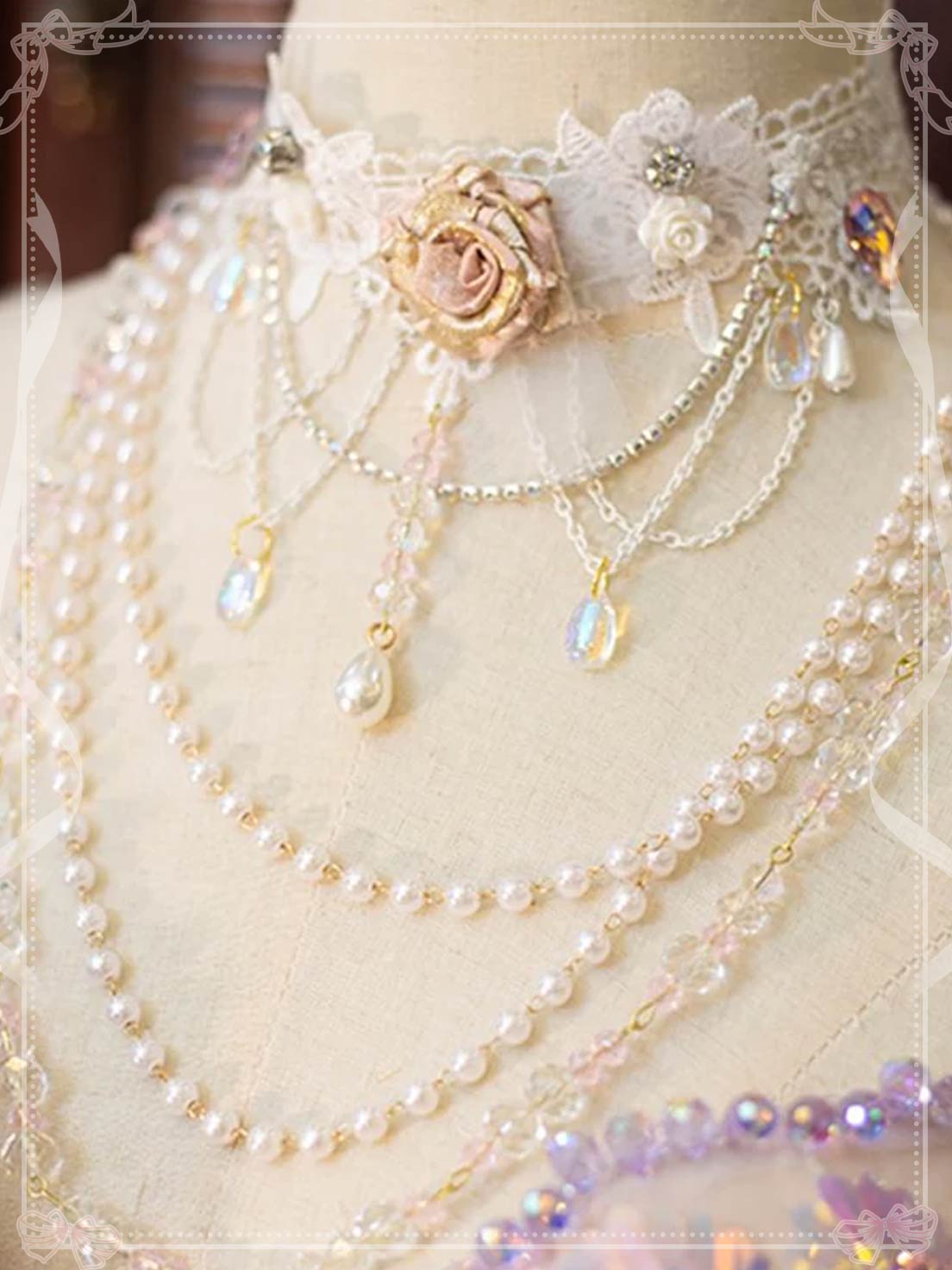 Lolita Necklace Handmade Rose Lace Choker Pearl Crystal Lolita Accessories