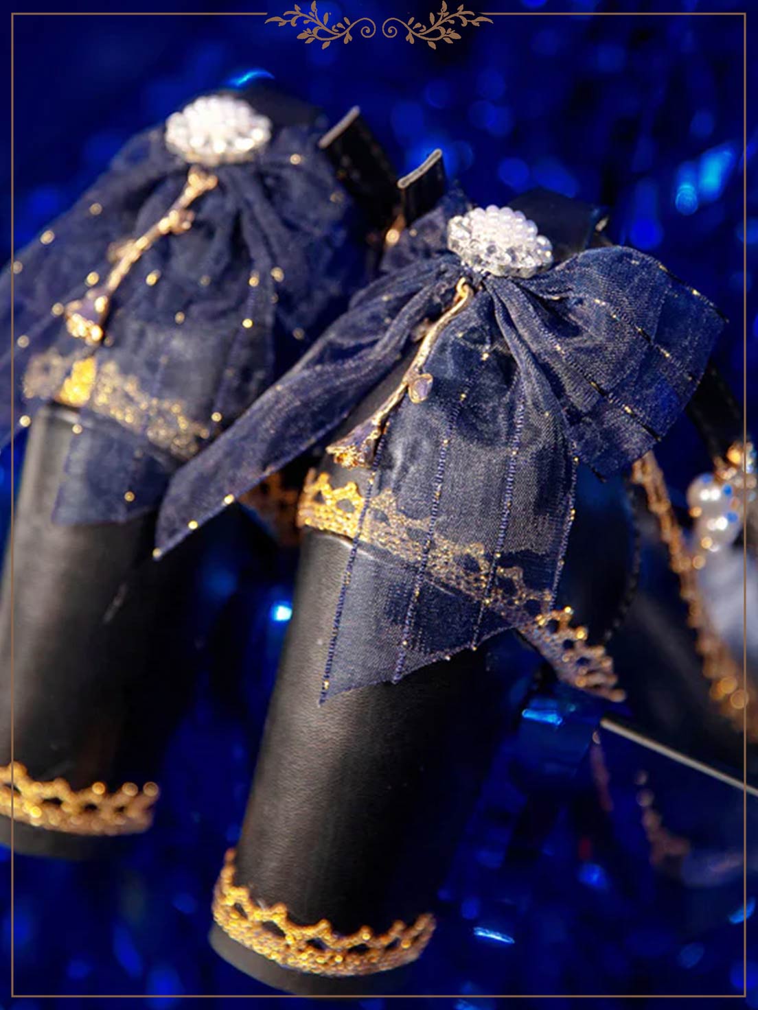 Lolita Shoes Chunky Heel Black Blue Shoes with Multi Color Lace Trim