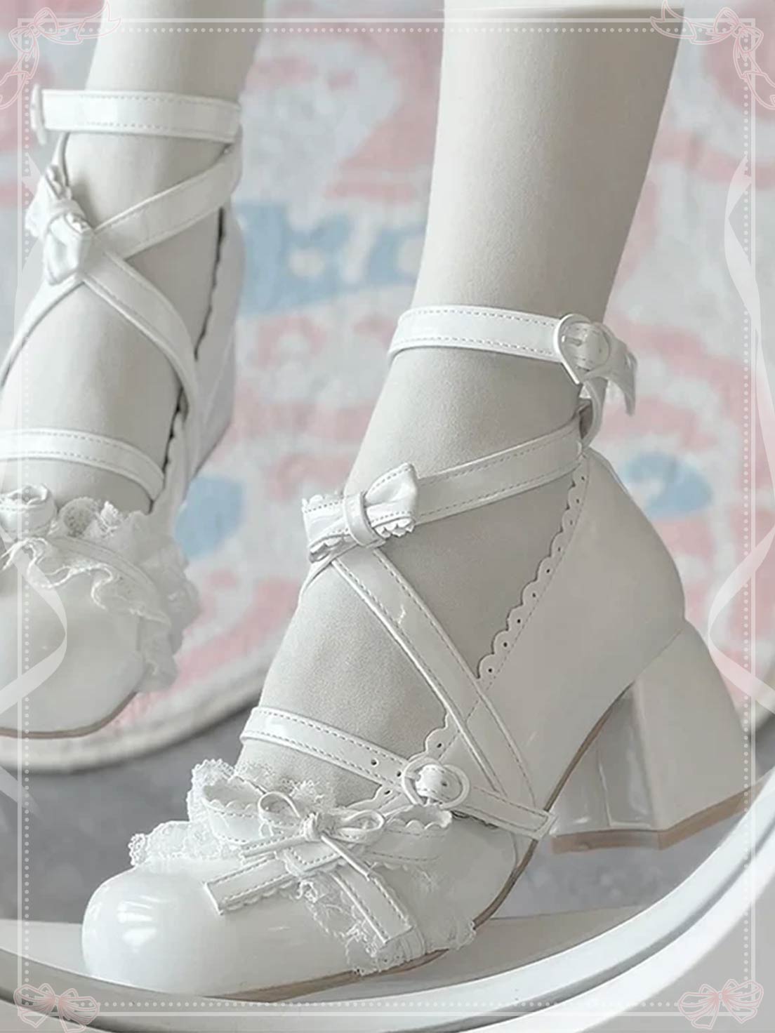 Lolita Shoes Classic Sweet Cute Block Mid-heel Bow Strap Lace Mary Jane