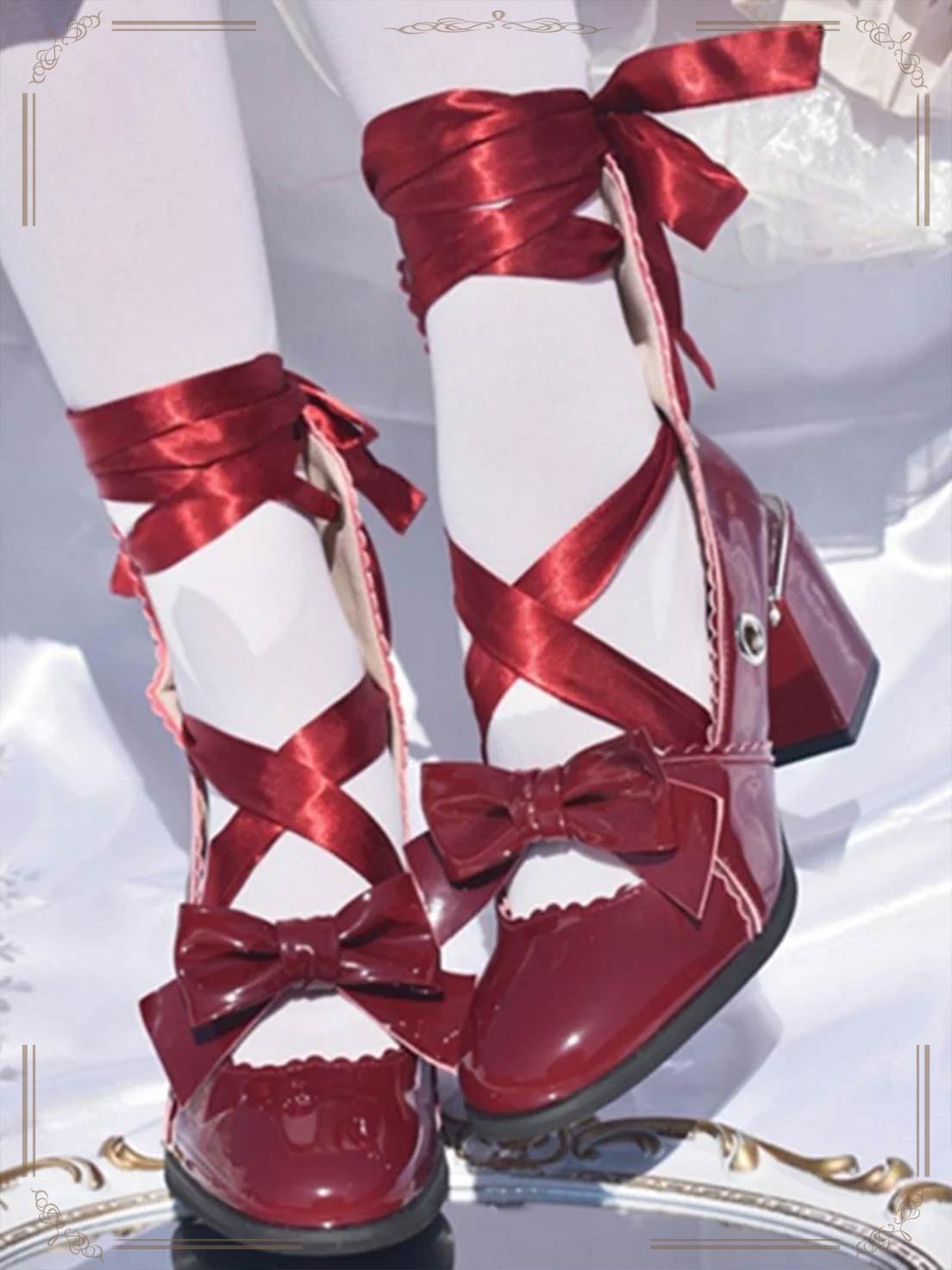 Lolita Shoes Red Red Pink Round Head Thick Strap Bow Elegant High Heels for Christmas