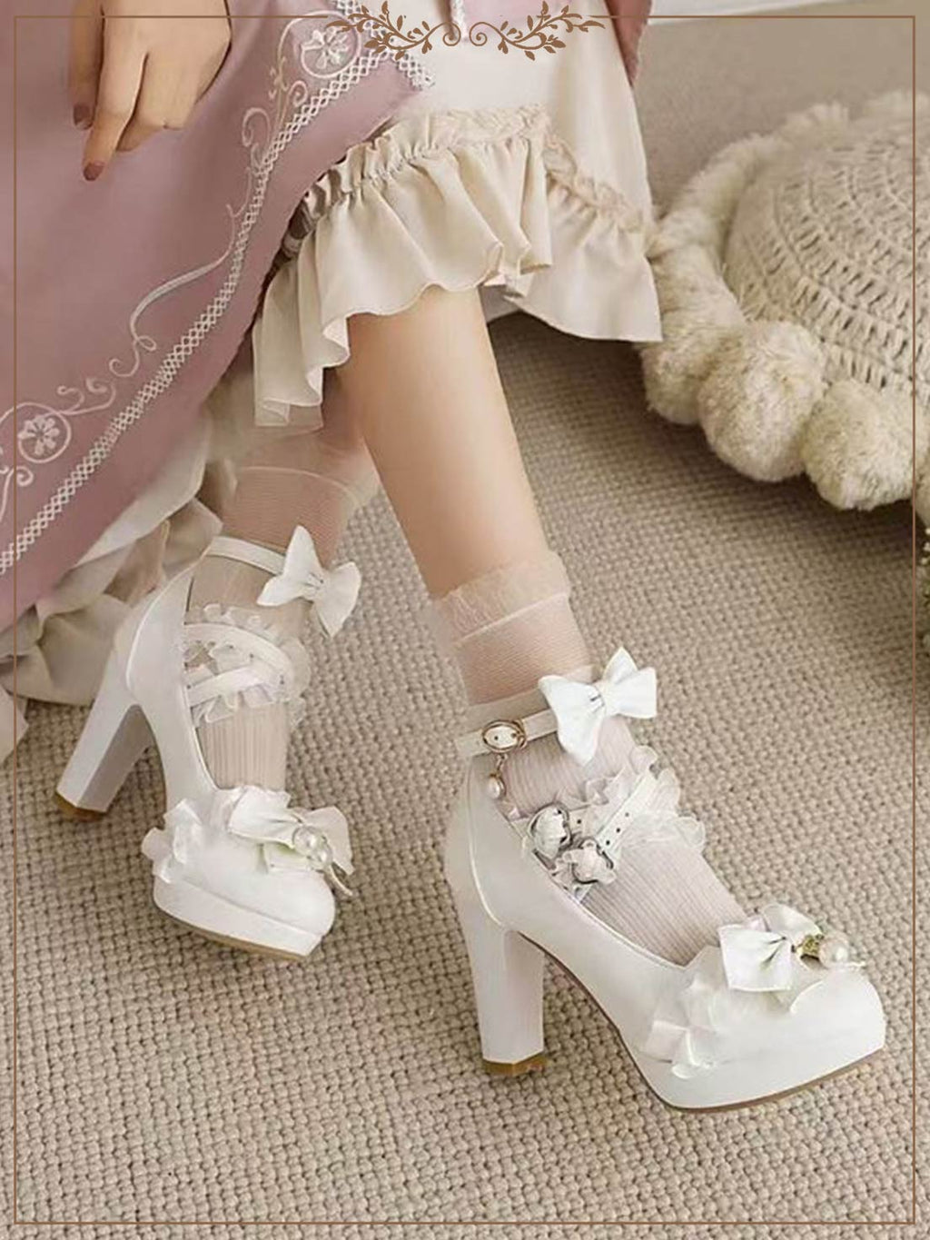 Lolita Shoes Sweet Princess Lace Bow Accent Heels in 4 Colors