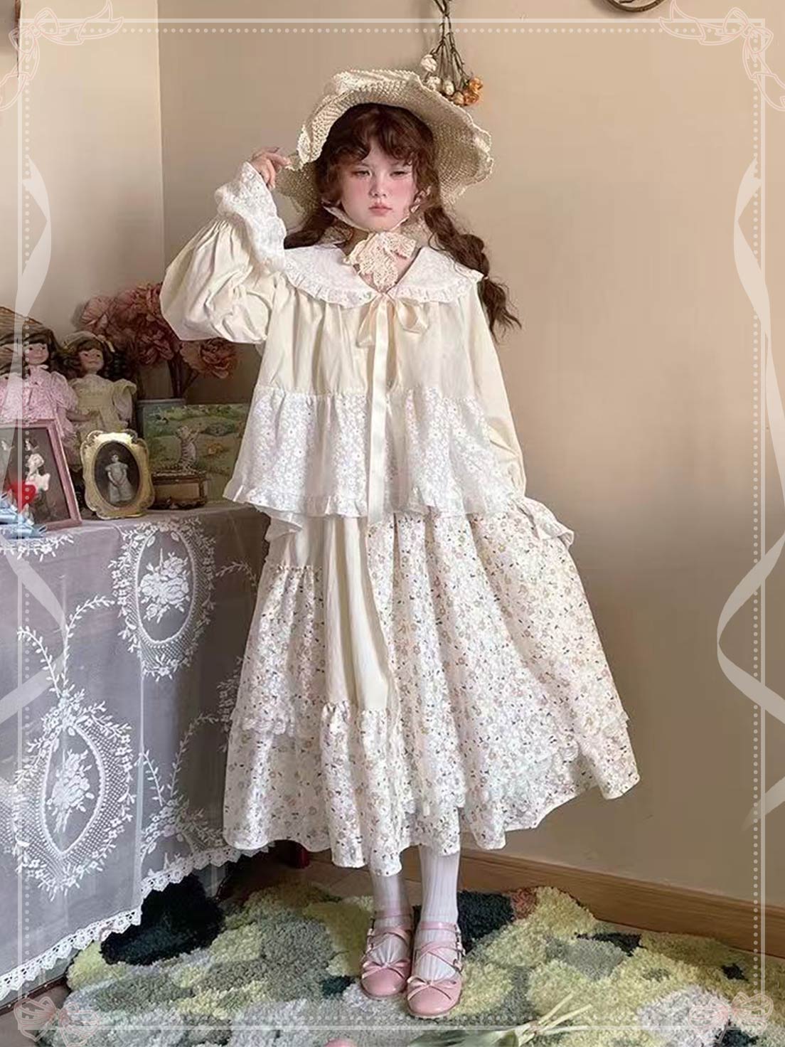 Lolita Skirt Sweet Princess High Waist Patchwork Floral Lace Midi Skirt in Apricot Blue