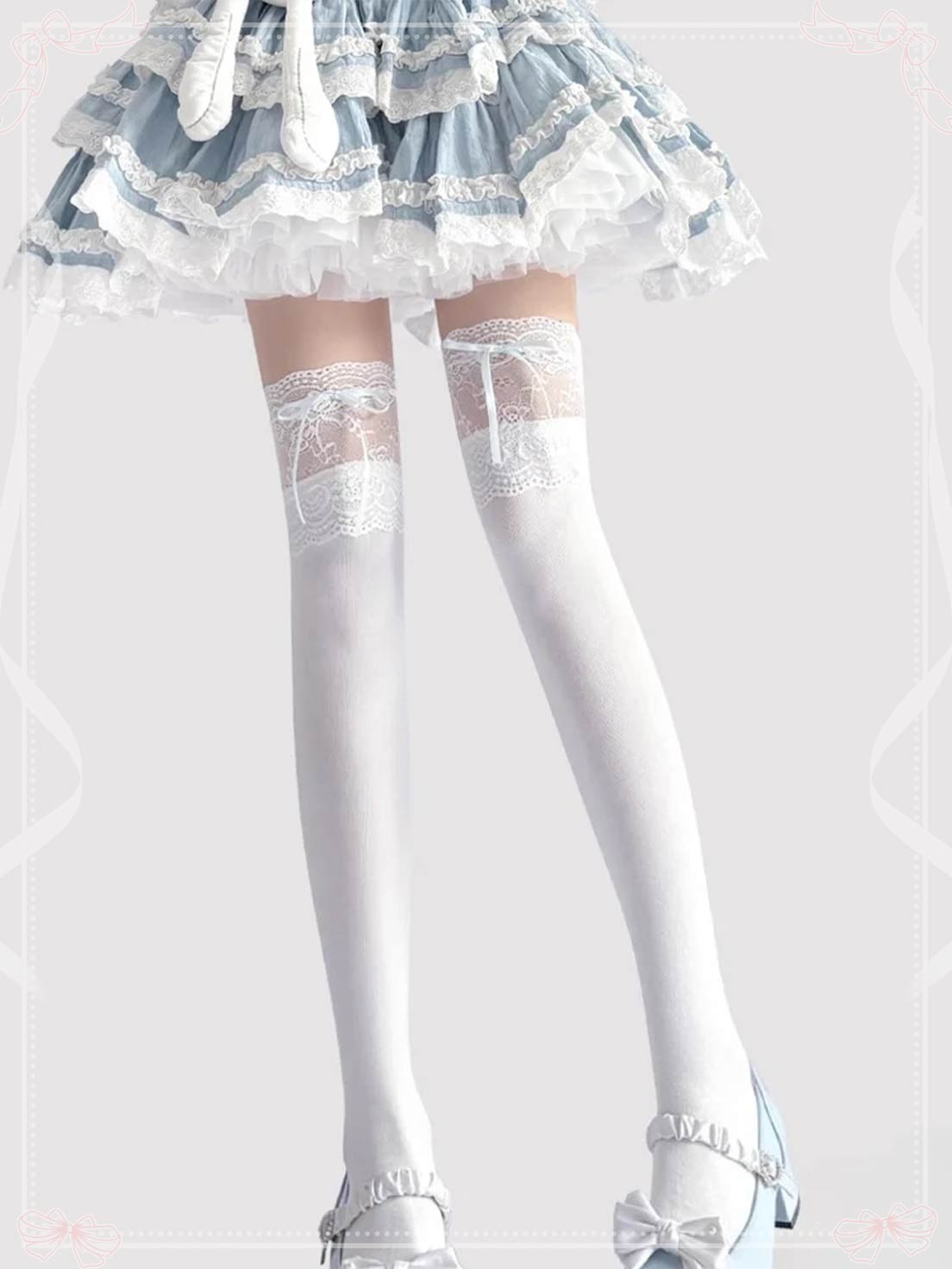 Lolita Stockings Japanese Lace Pink Nude Blue Cotton Thigh-High Socks with Bow Details