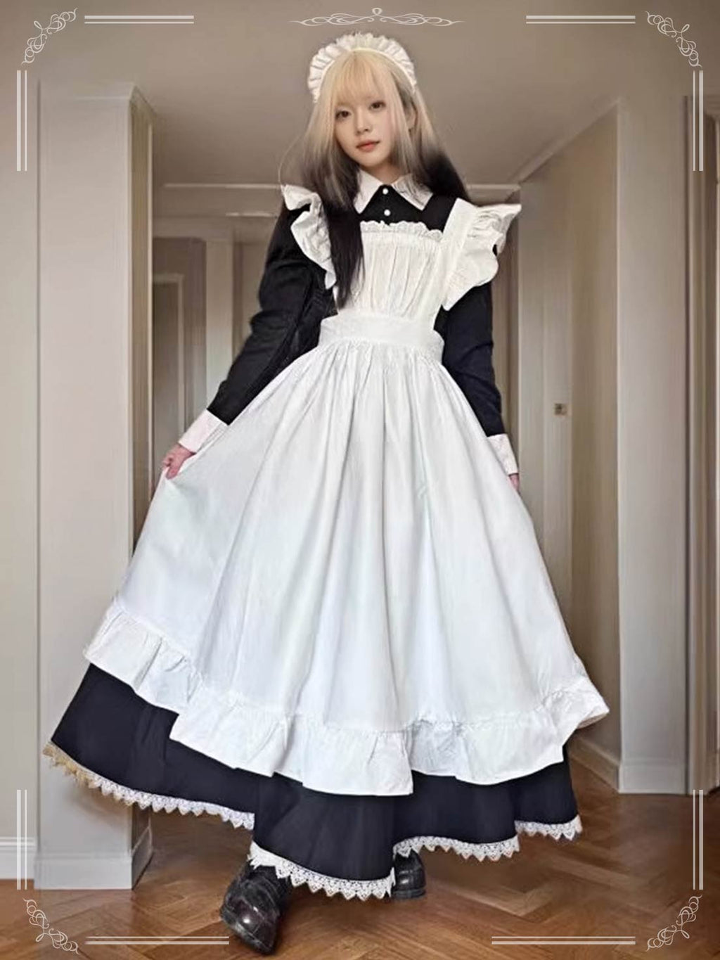 Maid Outfit Black White Classic Cosplay Long Dress Full-Length Elegant Uniform
