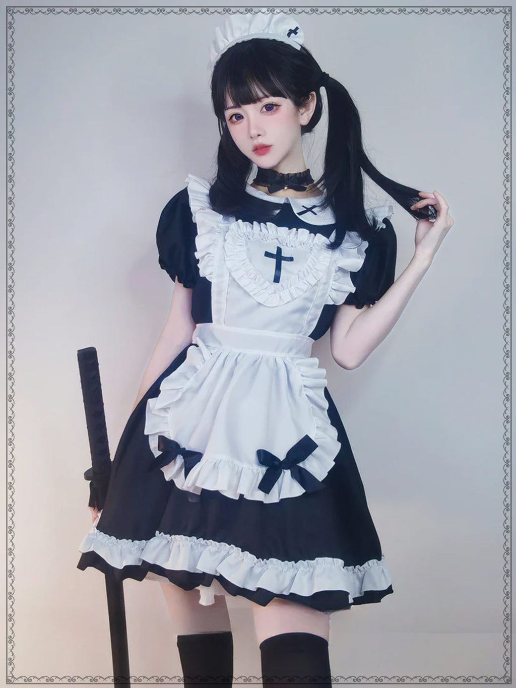 Maid Outfit Black White Ruffled Apron Cross Detail