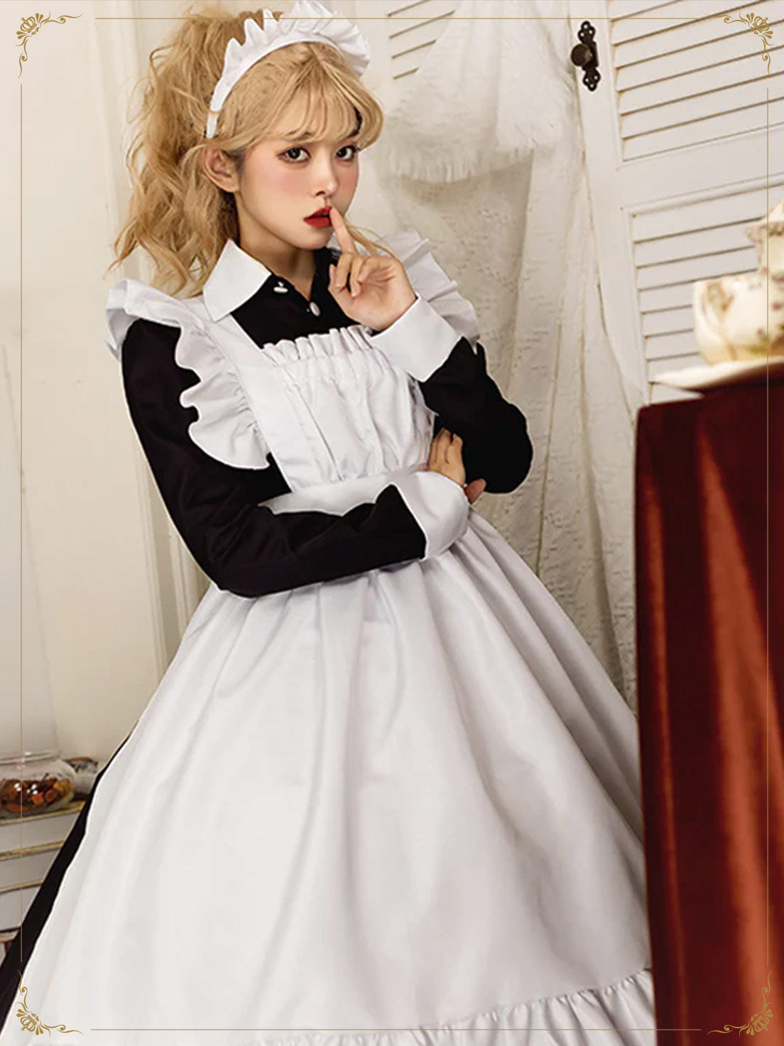 Maid Outfit Plus Size 3XL Black White Long Ruffled Apron Dress