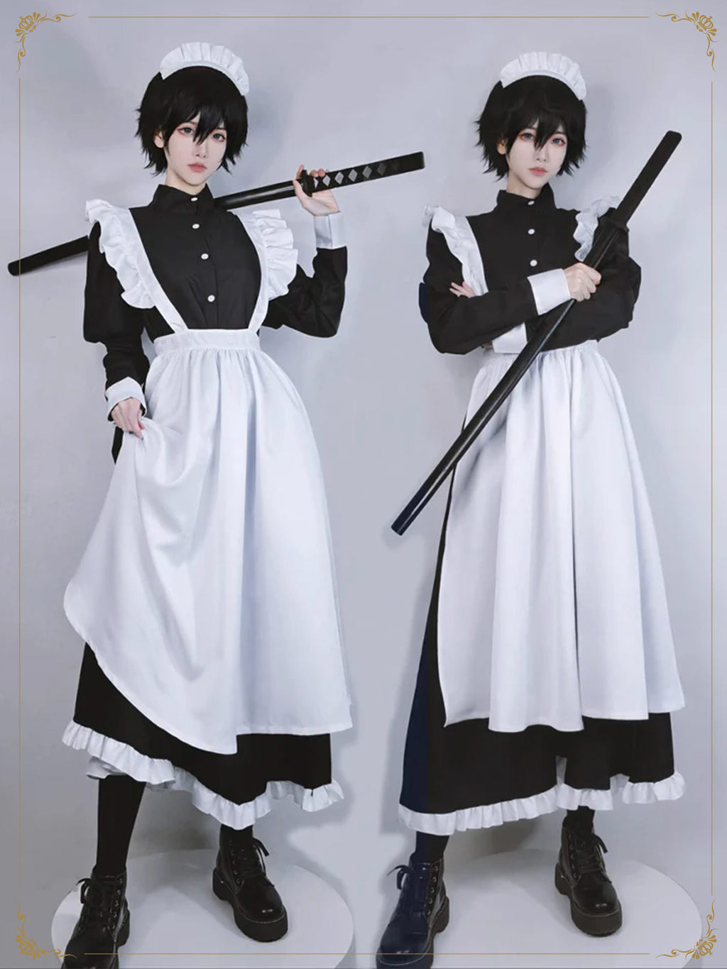 Maid Outfit Plus Size 3XL Monochrome Frilled White Black Long Apro