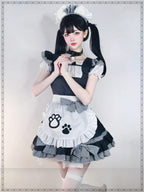 Maid Outfit Plus Size 5XL Black White Checkered Cat Paw Ruffles