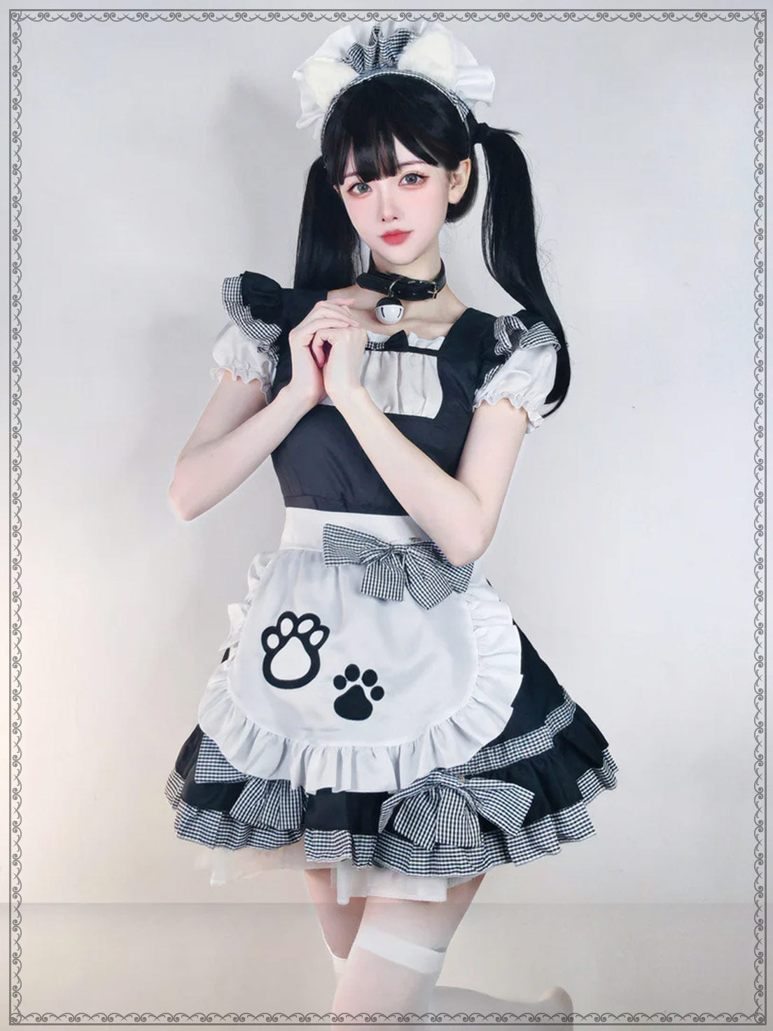 Maid Outfit Plus Size 5XL Black White Checkered Cat Paw Ruffles