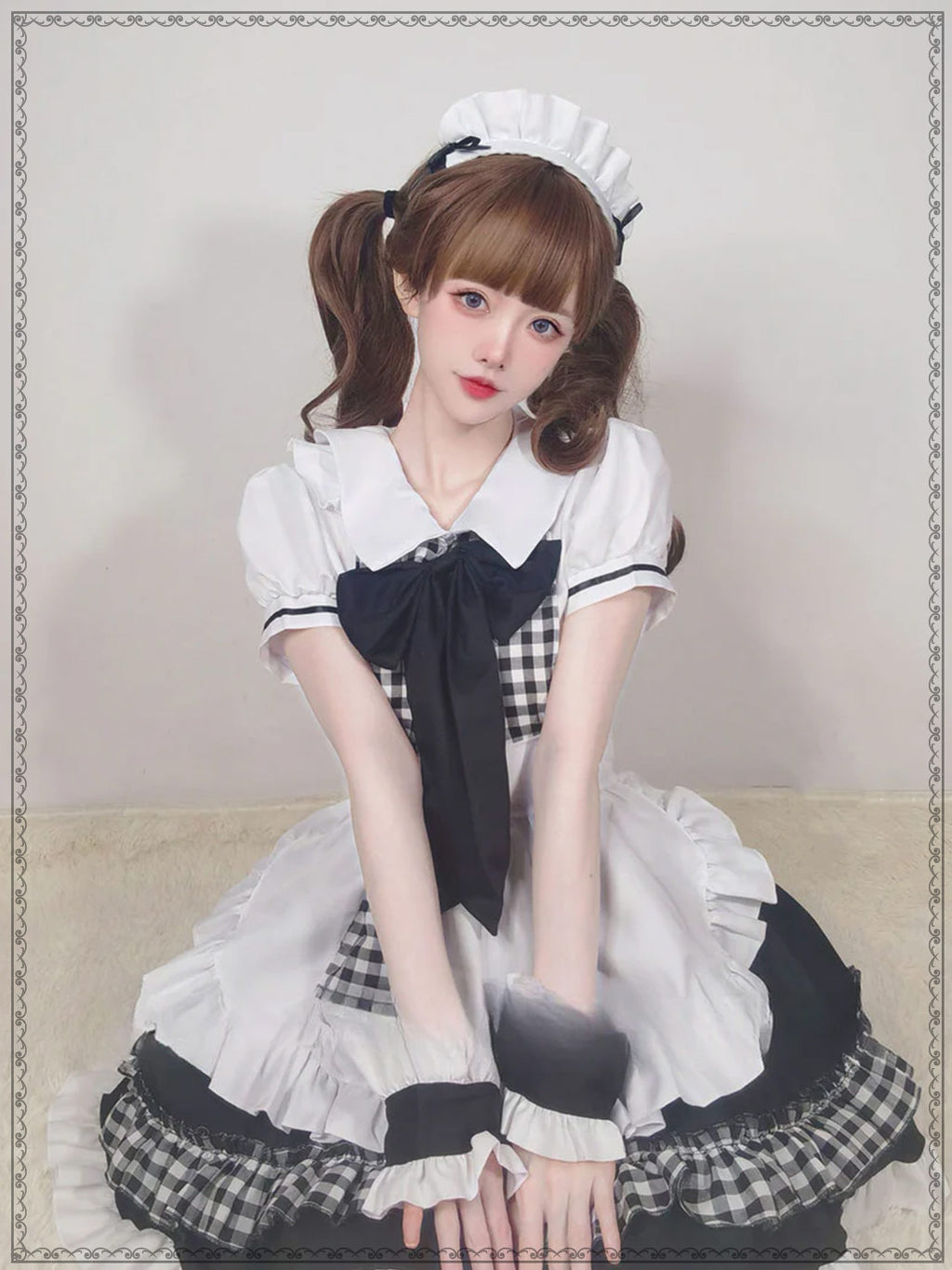 Maid Outfit Plus Size 5XL Black White Checkered Ruffles Bow