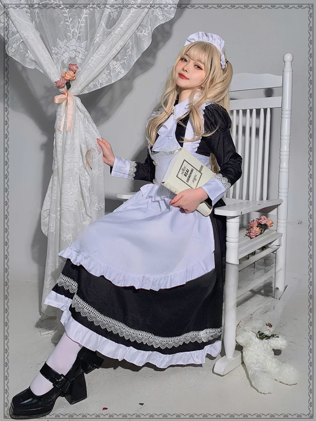 Maid Outfit Plus Size 5XL Black White Long Ruffled Apron Lace